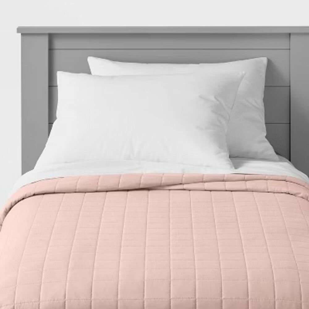 Full/Queen Box Stitch Microfiber Quilt Pink - Pillowfort